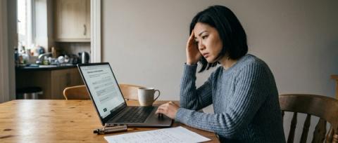 A woman completing an online consultation on a laptop at a kitchen table, with notes and a vaping device beside her.