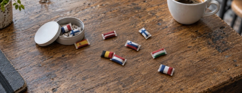 Nicotine pouches bearing European national flags scattered beside an open tin on a wooden café table.