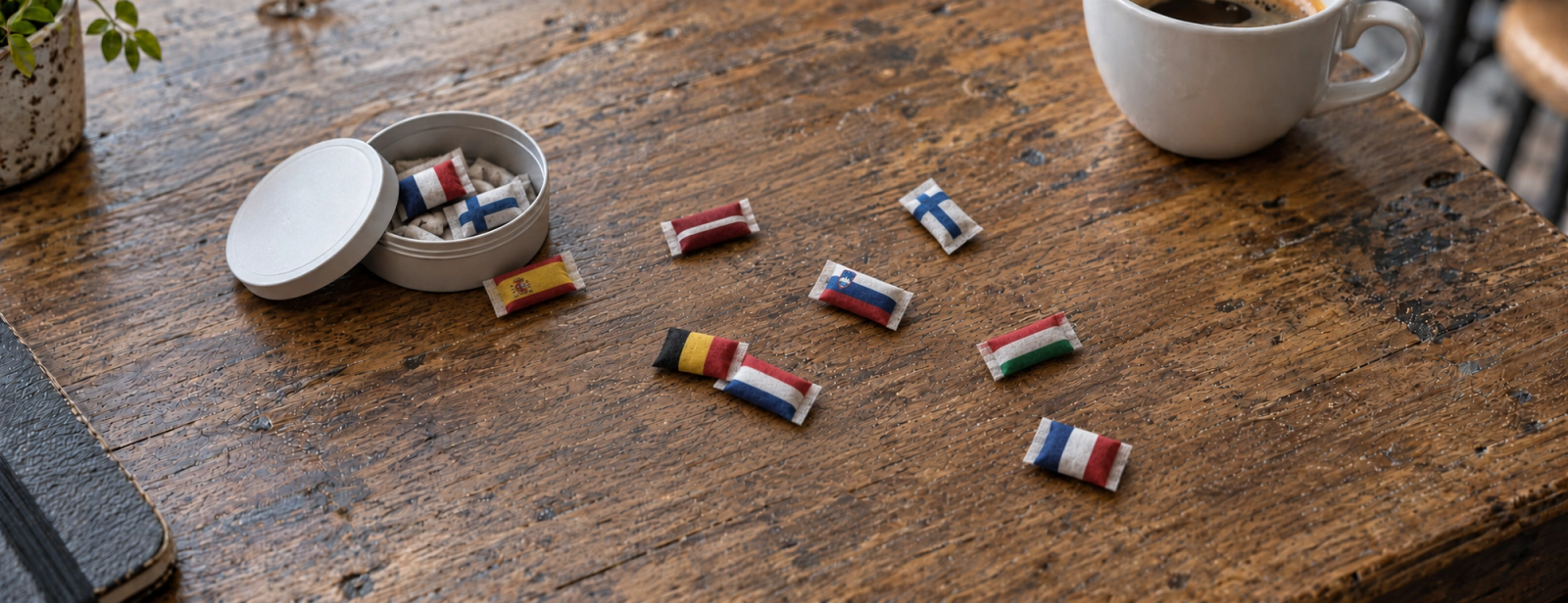 Mit europäischen Nationalflaggen bedruckte Nikotinbeutel, verstreut neben einer geöffneten Dose auf einem Holztisch in einem Café.
