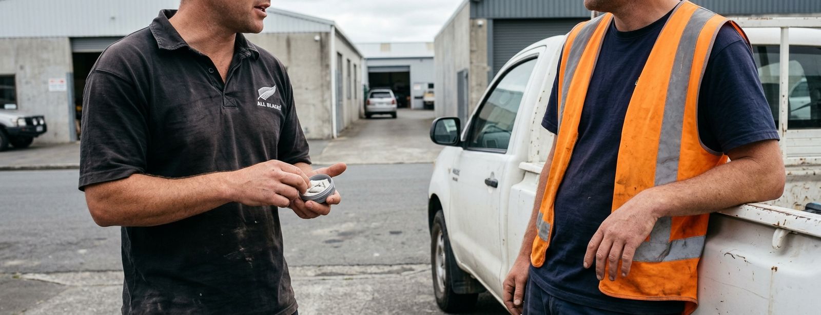 Two New Zealand workers discuss nicotine pouches beside a utility vehicle in an industrial yard.