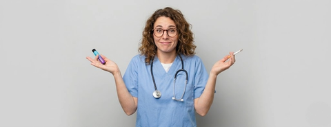 A healthcare professional holds a vape and a cigarette while weighing the evidence