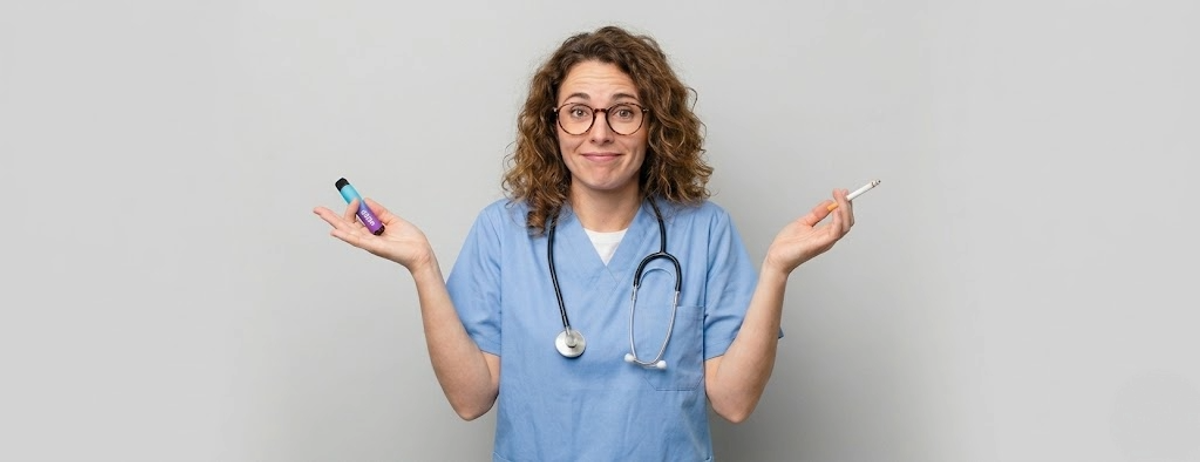 A healthcare professional holds a vape and a cigarette while weighing the evidence