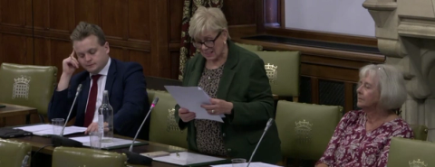 A woman stands reading from a sheet of paper in a wood-panelled parliamentary committee room, with a man and another woman seated beside her.