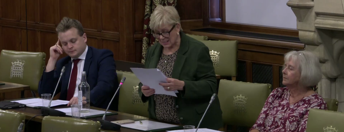 A woman stands reading from a sheet of paper in a wood-panelled parliamentary committee room, with a man and another woman seated beside her.