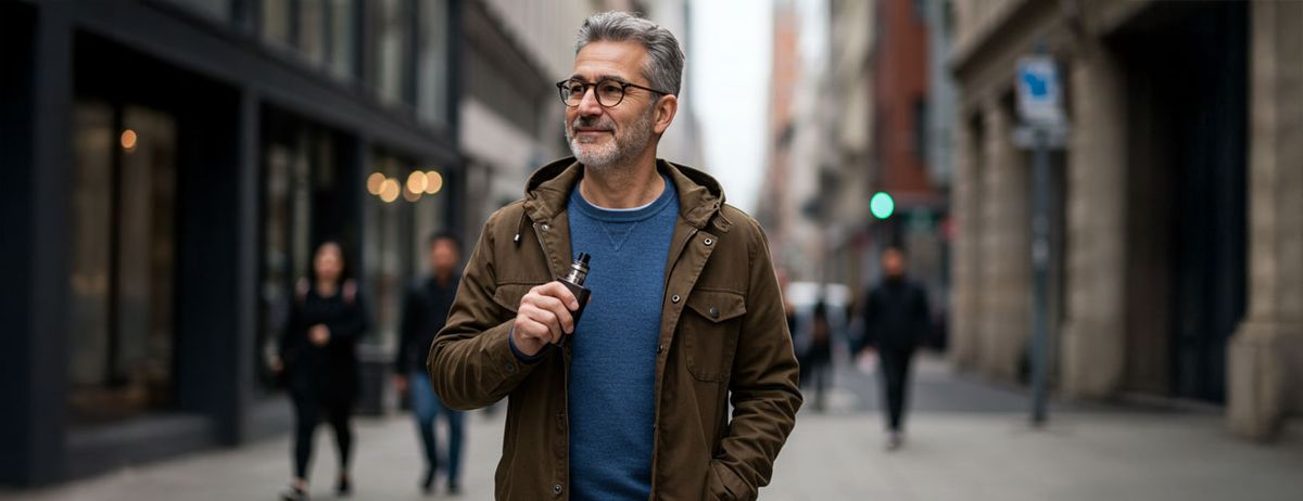 Happy man vaping
