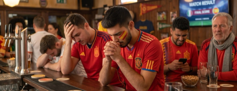Football supporters in Spain shirts sitting at a bar, several with their heads bowed.
