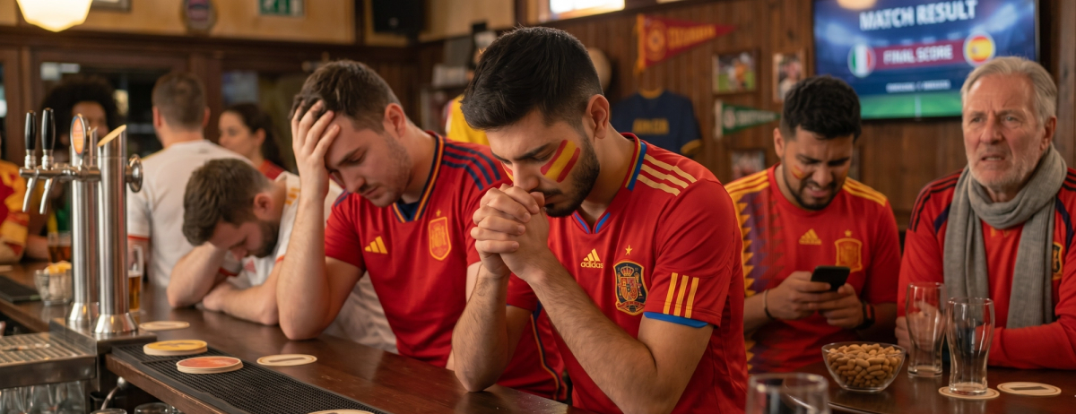 Football supporters in Spain shirts sitting at a bar, several with their heads bowed.