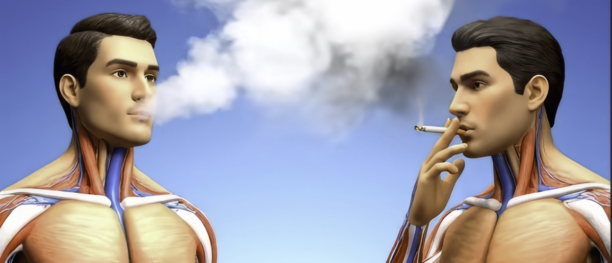 Illustration comparing a person vaping with a person smoking