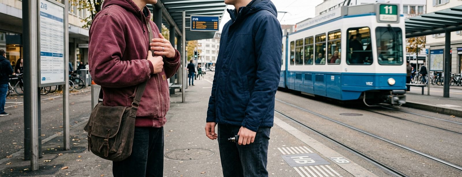 Two young men stand talking at a tram stop beside a blue-and-white tram.