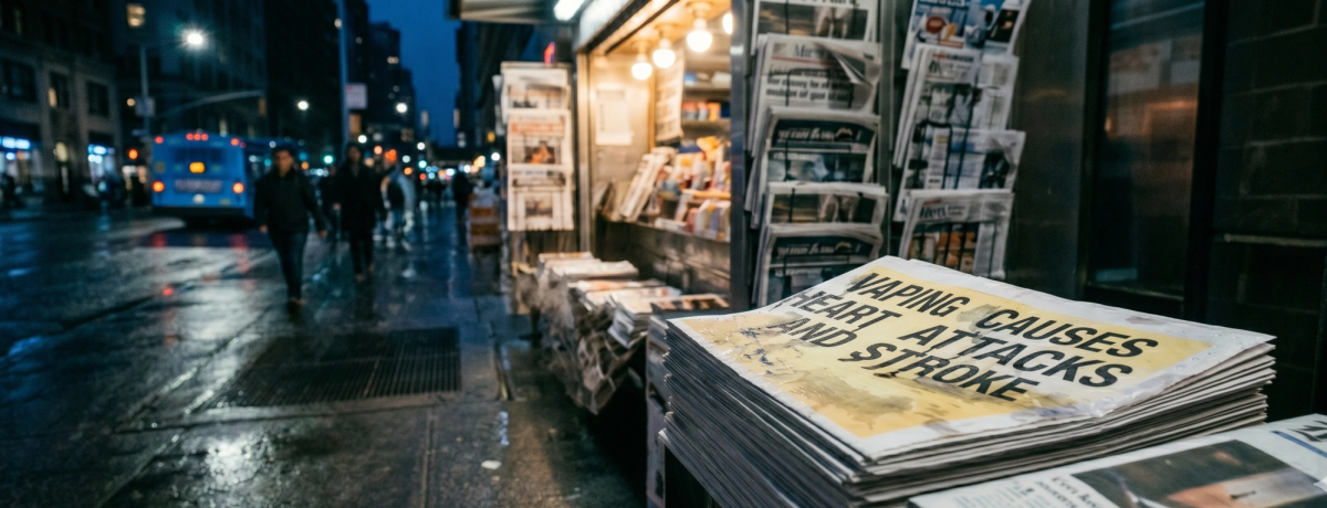 Newspapers outside a newsagent display the headline ‘Vaping causes heart attacks and stroke’.