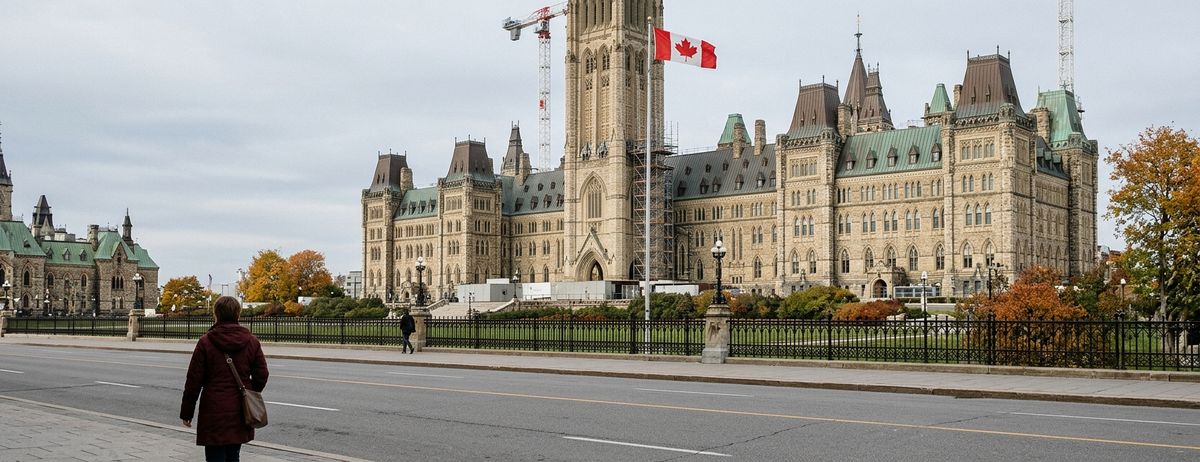 A lone pedestrian walks along a wet road in front of a large Gothic-style government building with Canadian flags flying above it.