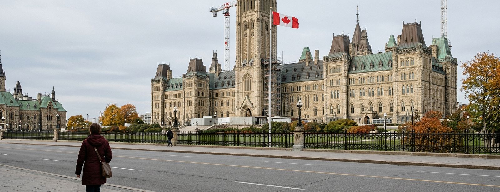 A lone pedestrian walks along a wet road in front of a large Gothic-style government building with Canadian flags flying above it.