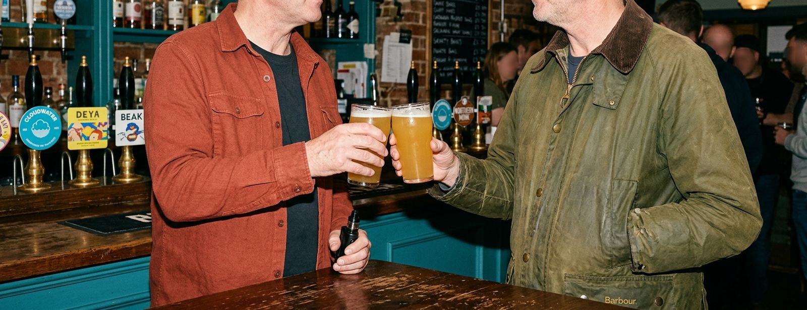Two men holding pints of beer at a pub bar, one also holding a vape.