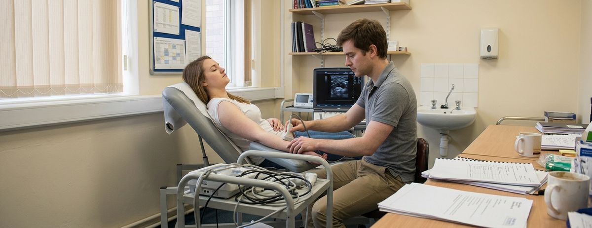 Illustrative image of a clinician using an ultrasound probe on a woman’s arm in a clinic.