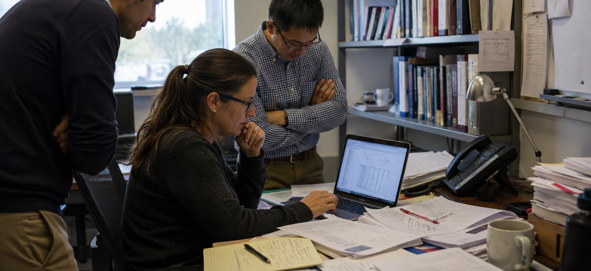 Illustration of three people examining data on a laptop at a desk covered with research papers.