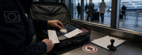 Illustration of a customs officer inspecting nicotine pouches in a traveller’s suitcase.