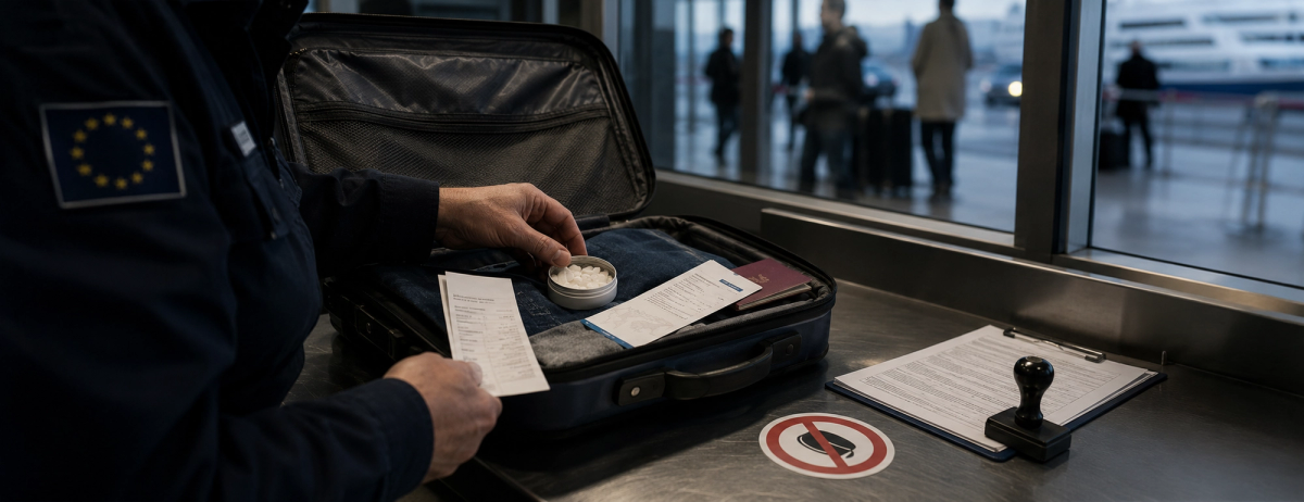 Illustration of a customs officer inspecting nicotine pouches in a traveller’s suitcase.
