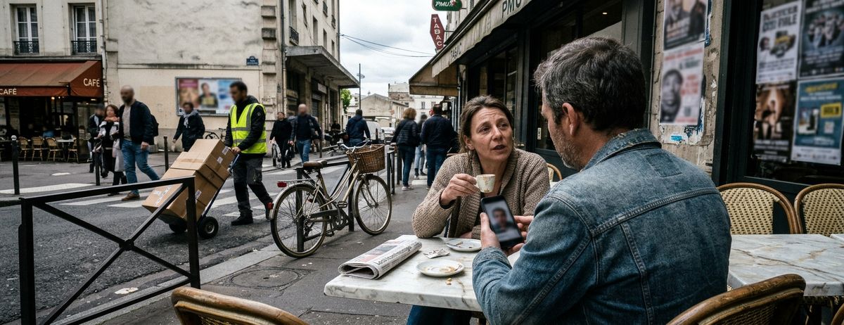 Illustration of two people talking at an outdoor café table on a French street.