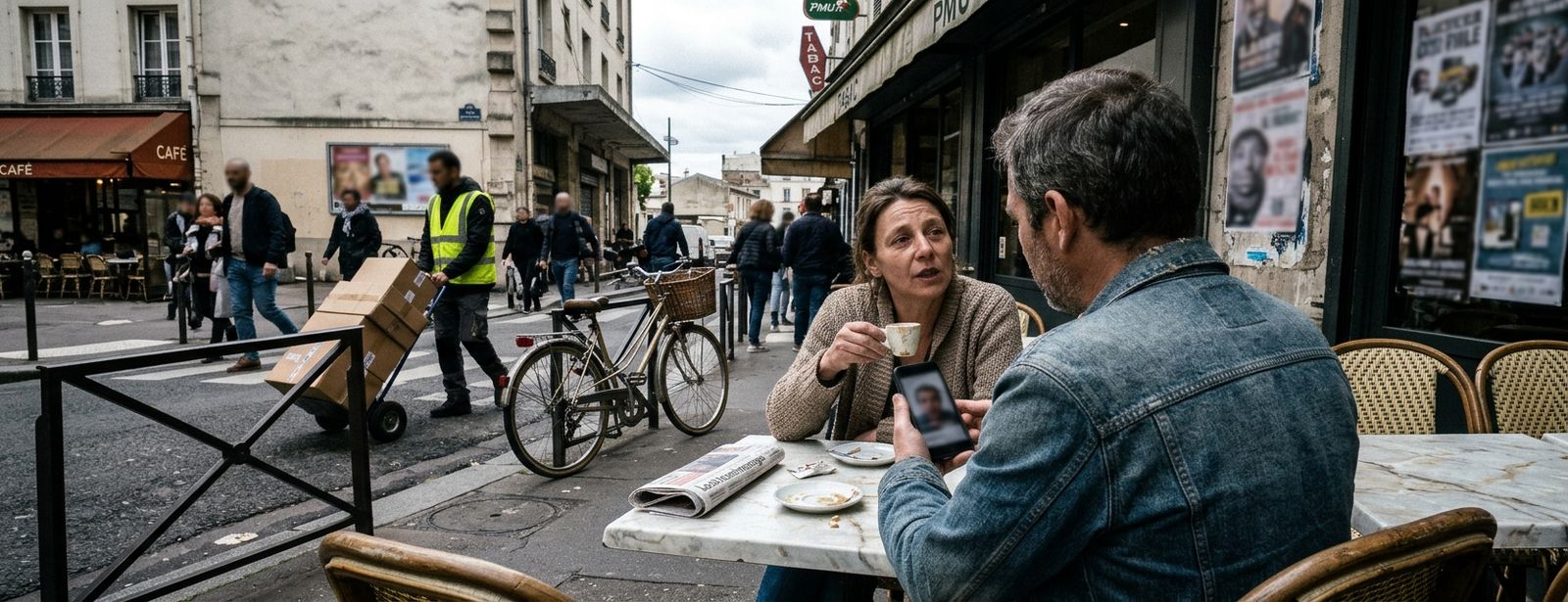 Illustration of two people talking at an outdoor café table on a French street.