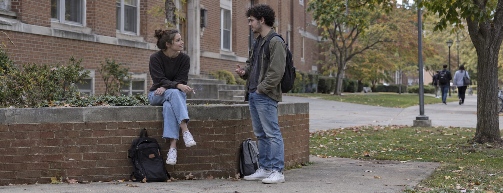 Two young adults talk beside a brick building on a leafy campus, with the seated person holding a cigarette.