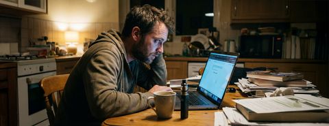 A man reviews European policy documents at a kitchen table