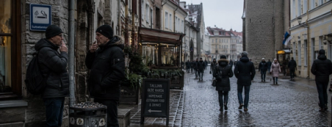 People walking along a wet cobbled street in Tallinn, with two men smoking beside a designated smoking-area sign.