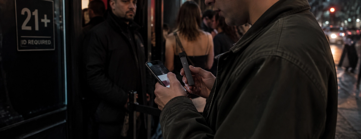 Illustration of a person holding a phone and vaping device beside a venue sign requiring identification for entry.