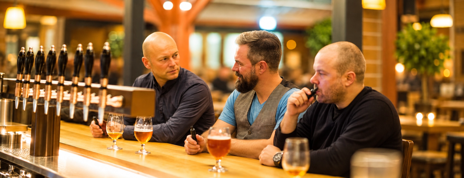 Three men sit at a bar with beer glasses; the man on the right holds a small vaping device to his mouth.