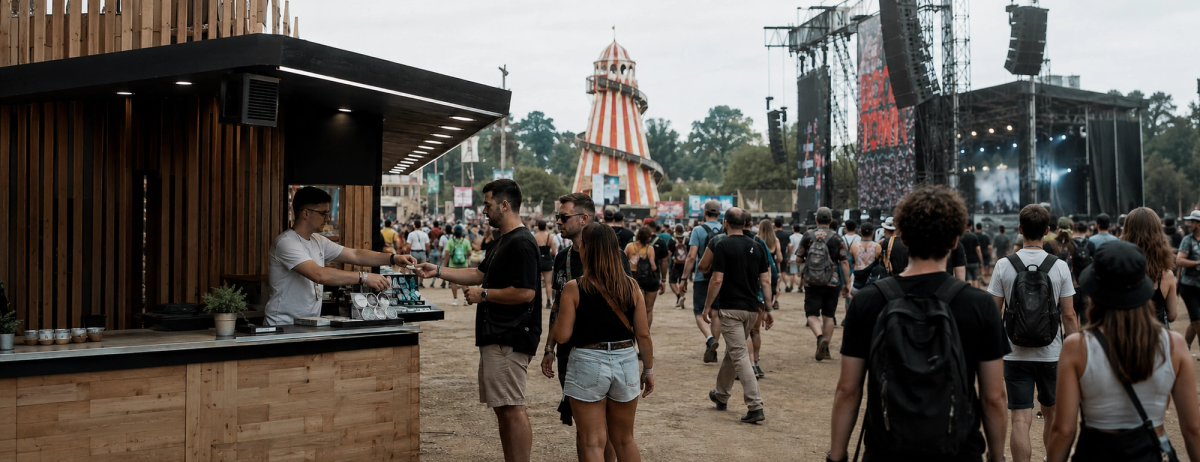 Festival-goers beside a wooden stall displaying round product tins, with a concert stage in the background.