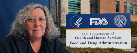 Kim “Skip” Murray beside an FDA sign outside a US Food and Drug Administration building.