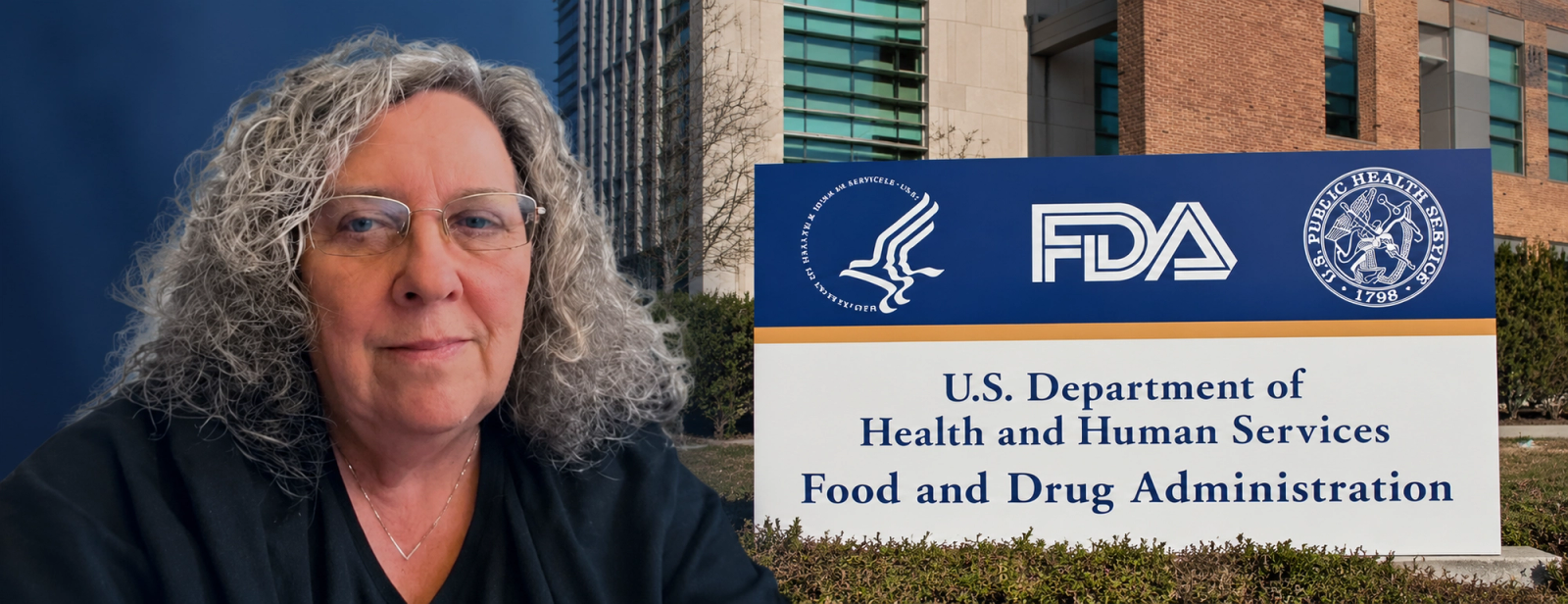 Kim “Skip” Murray beside an FDA sign outside a US Food and Drug Administration building.