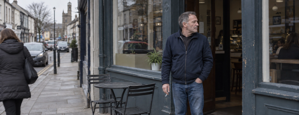 A man holding a cigarette outside a café on a town street.