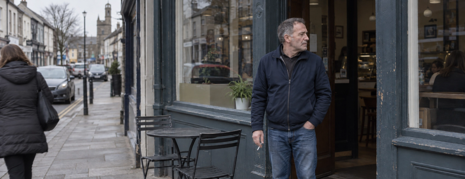 A man holding a cigarette outside a café on a town street.