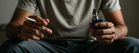 Man holding a vape and a cigarette