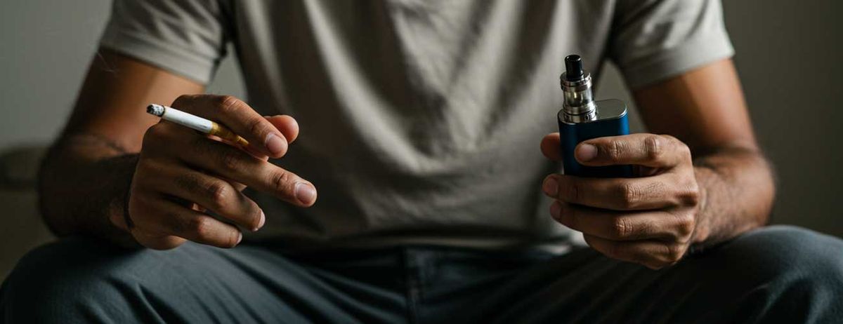 Man holding a vape and a cigarette