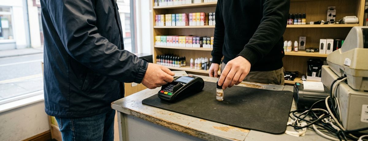 Ein Kunde bezahlt an der Kasse eines irischen E-Zigarettengeschäfts eine Flasche E-Liquid.