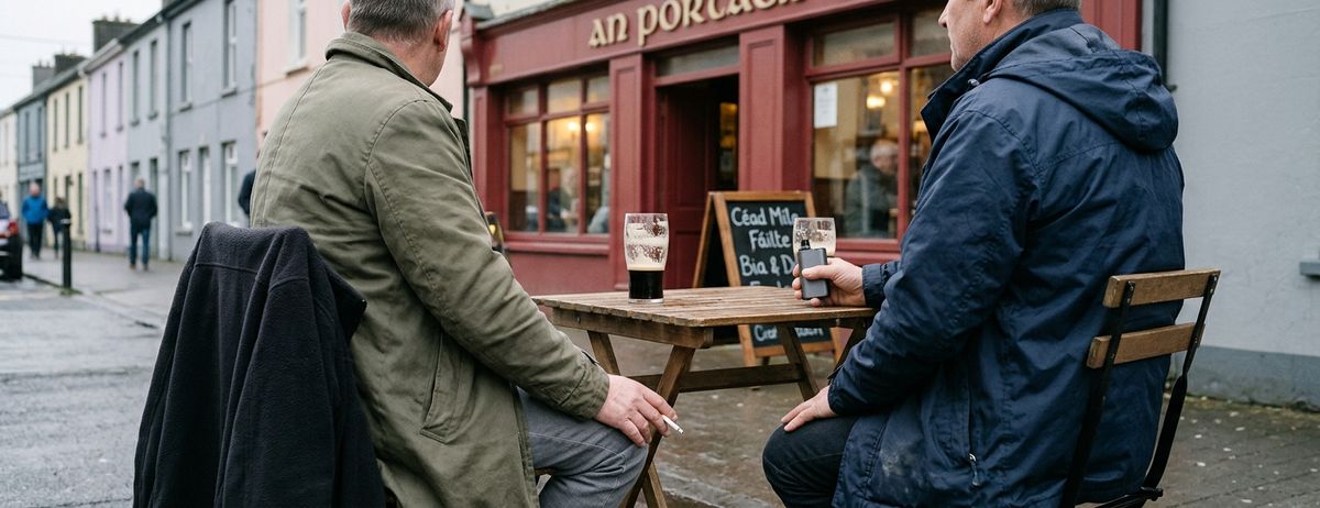 Two men sit outside an Irish pub, one holding a vape and the other smoking a cigarette.