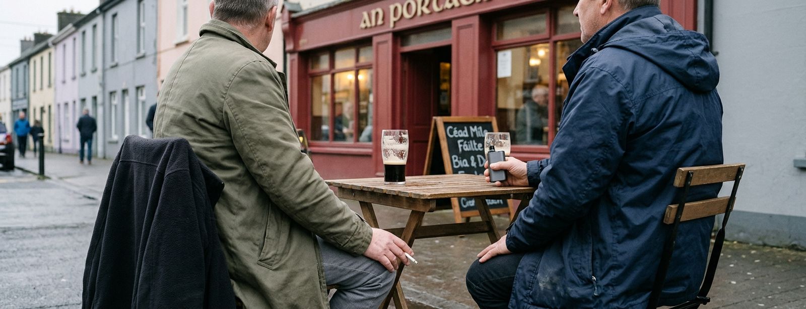 Zwei Männer sitzen vor einem irischen Pub; einer hält eine E-Zigarette, der andere raucht eine Zigarette.