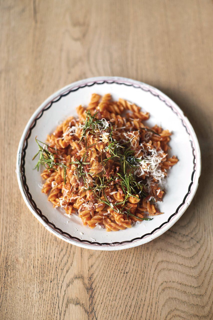 7-veg pasta with bacon bits