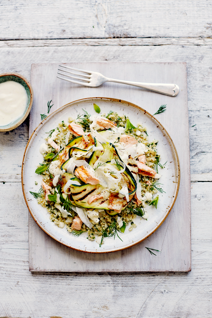 Griddled salmon with herby quinoa | Seafood recipes | Jamie magazine