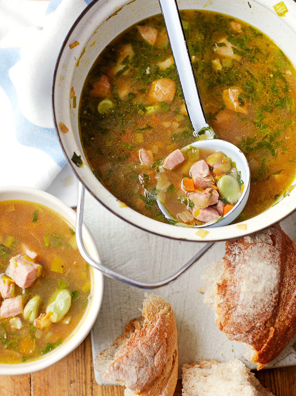 Broad bean, ham & mint soup | Soup recipes | Jamie magazine recipes