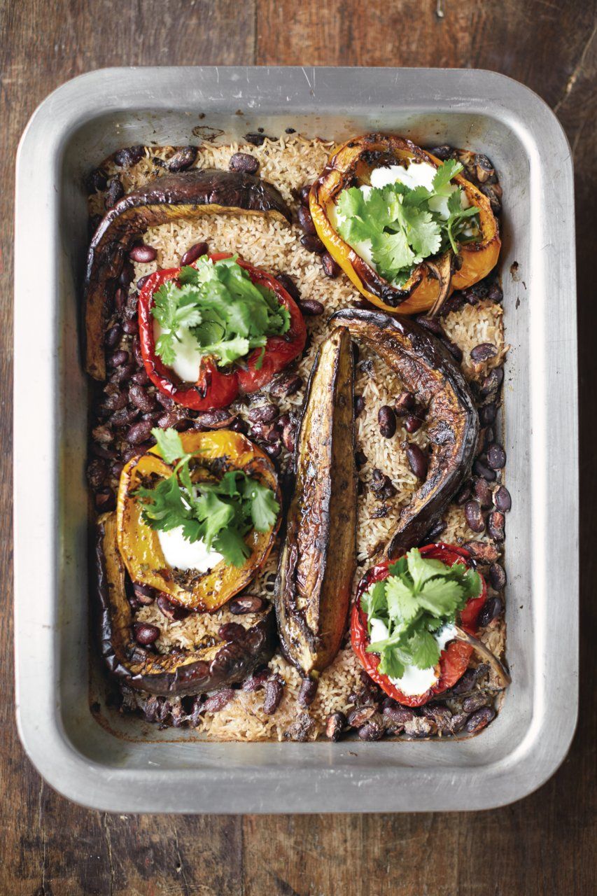 Jerk-inspired aubergine & peppers