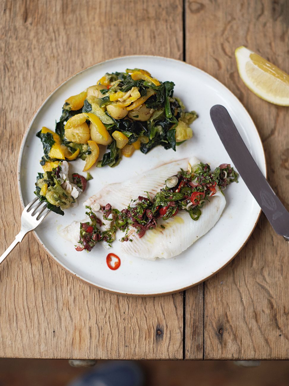 Lemon sole & olive sauce