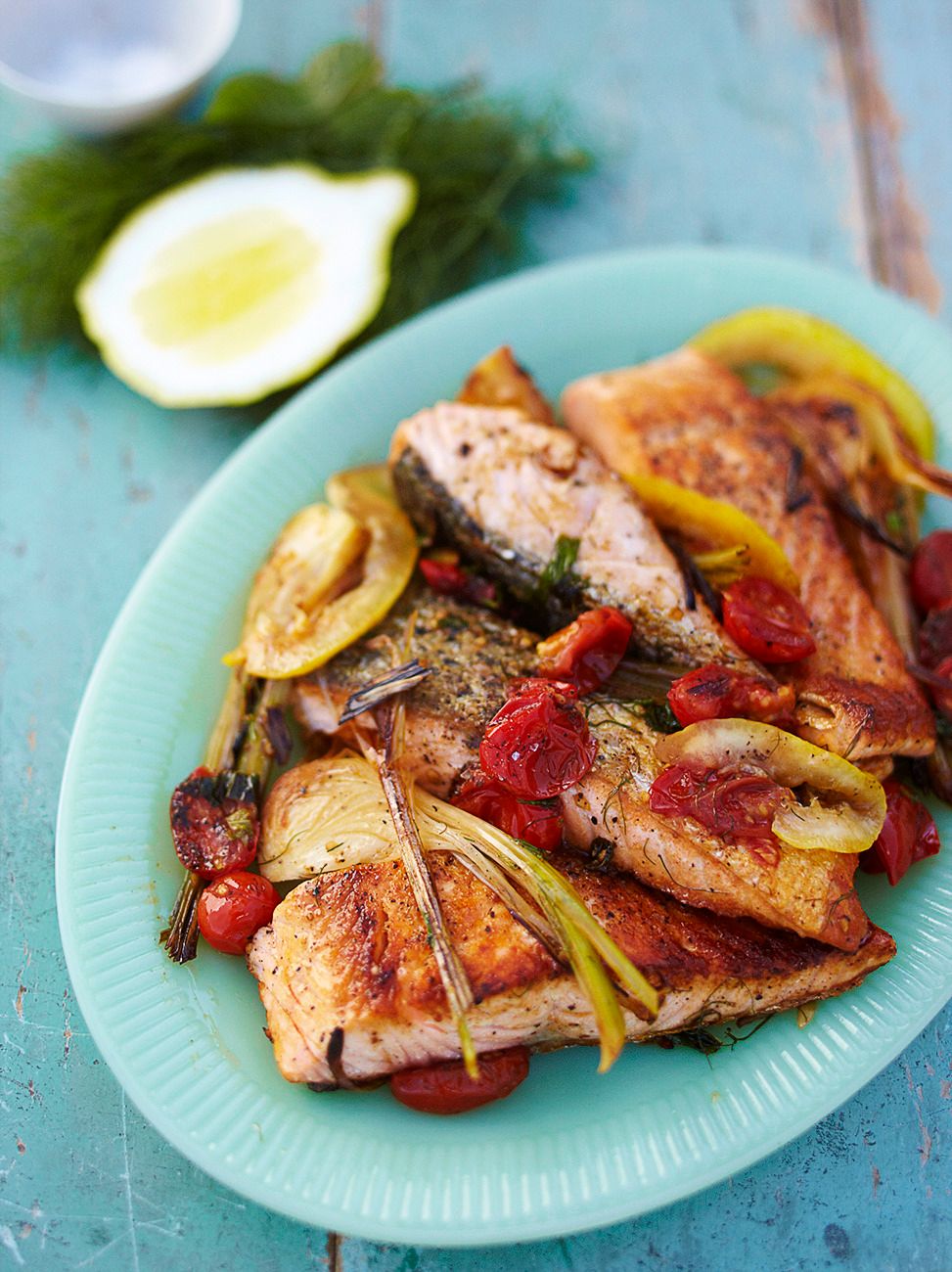 Salmon with young garlic and tomato sauce | Fish recipes | Jamie magazine recipes
