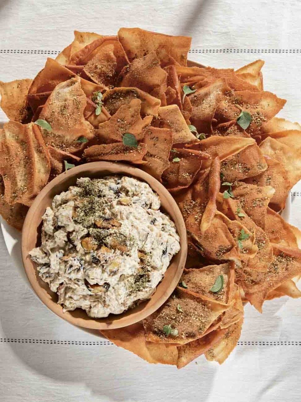 Mum’s aubergine & yogurt dip with fried bread crackers