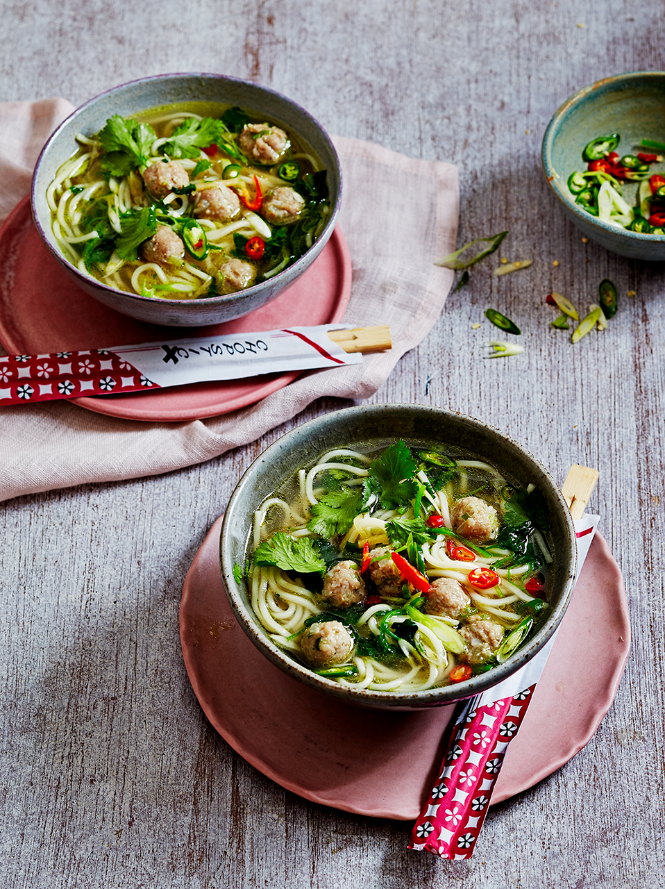 Watercress and ginger pork balls noodle soup | Soup recipes | Jamie magazine recipes