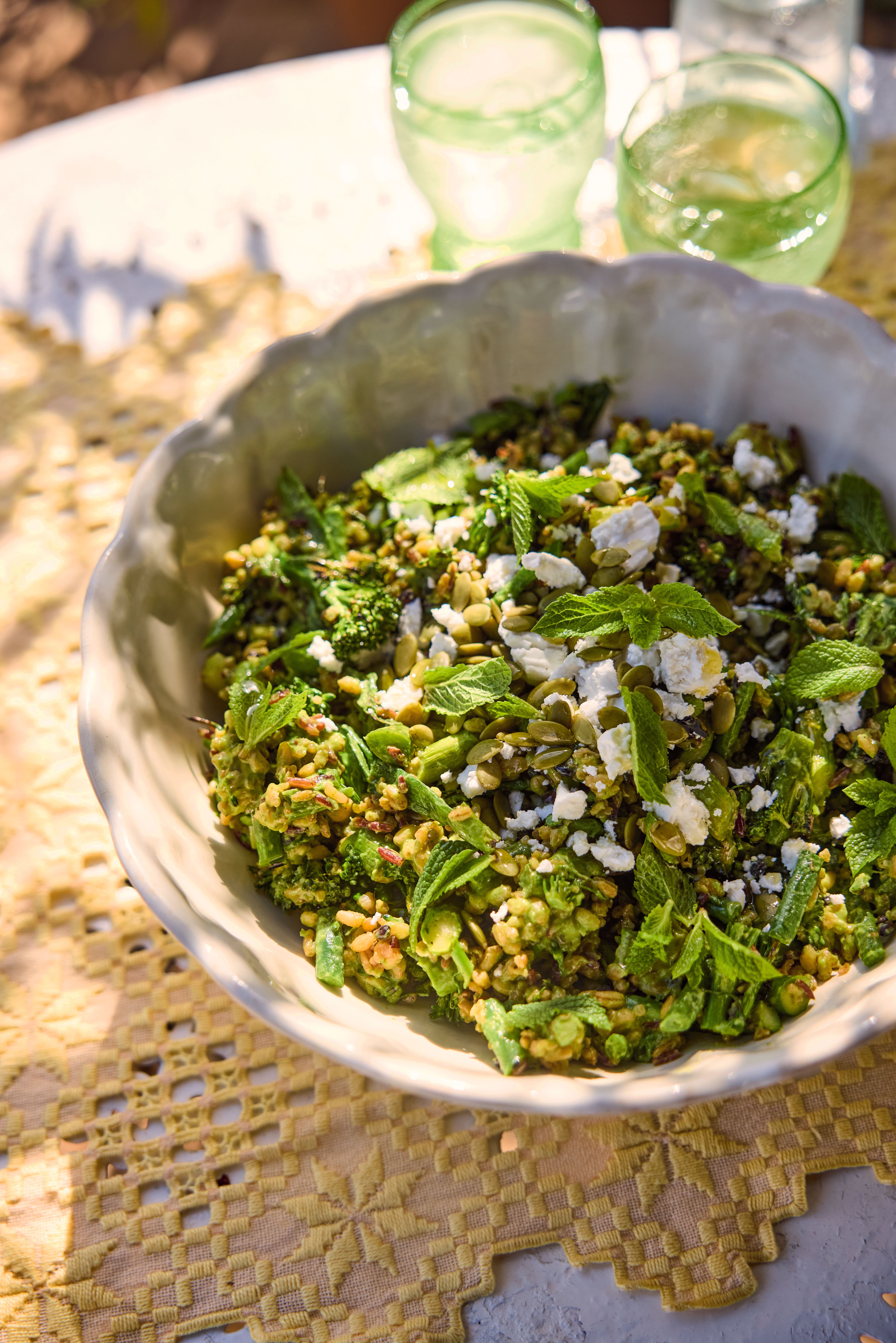 Grilled green grain salad