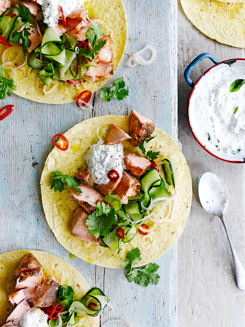 Spicy salmon tacos | Jamie magazine fish taco recipes