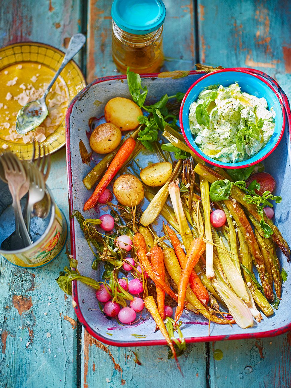 Roasted spring veg with watercress dip | Vegetables recipes | Jamie magazine