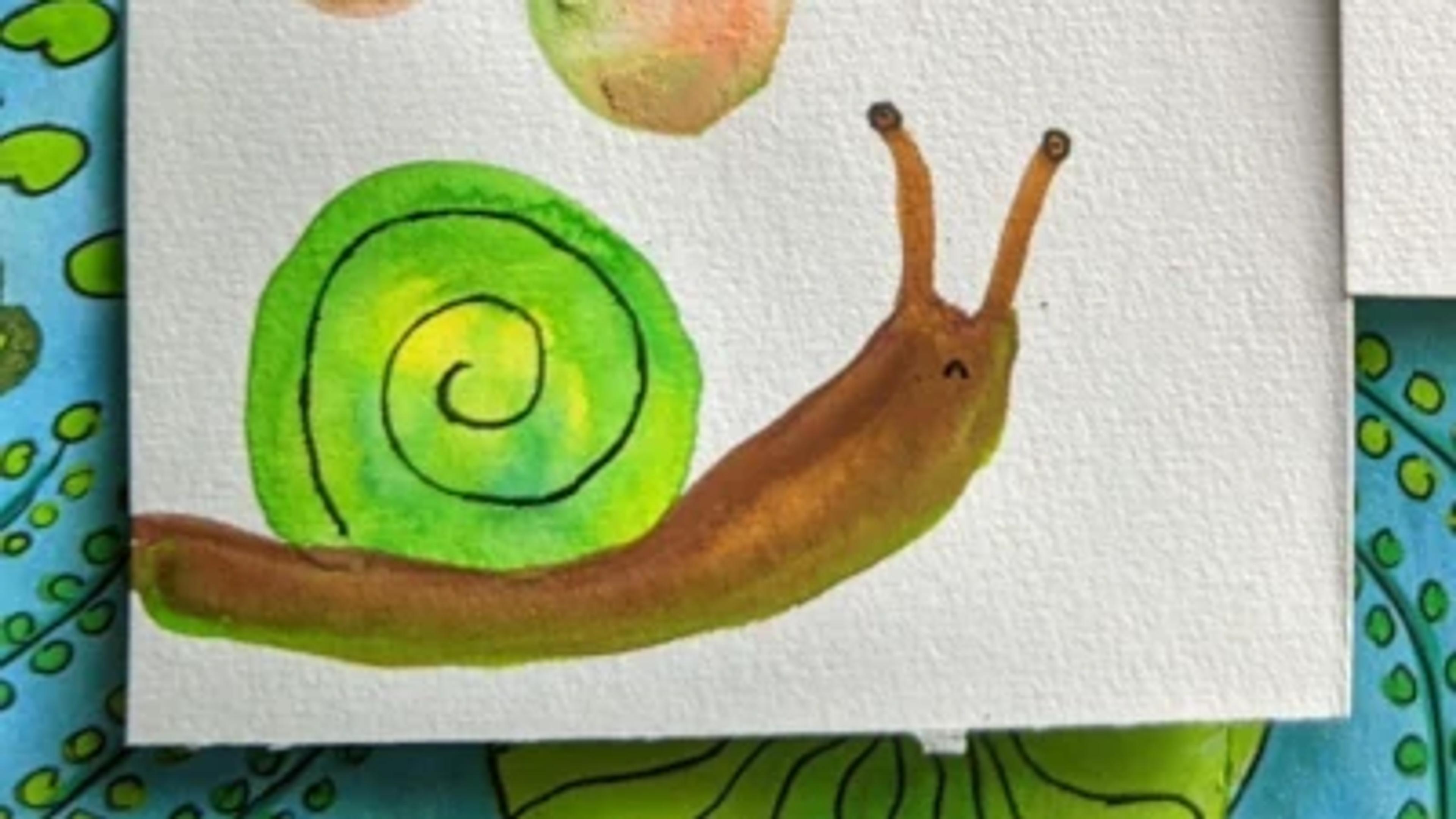A child's colourful drawing of a snail on textured paper